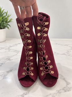 Burgundy Suede Lace-Up Peep Toe Booties