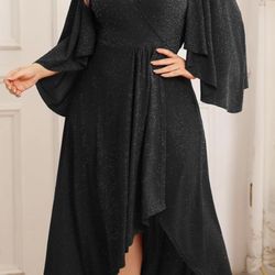 New Sparkly Glitter Formal Maxi A Line Dress Sparkle Wrap Handkerchief Sleeve Prom Cocktail Evening Gown