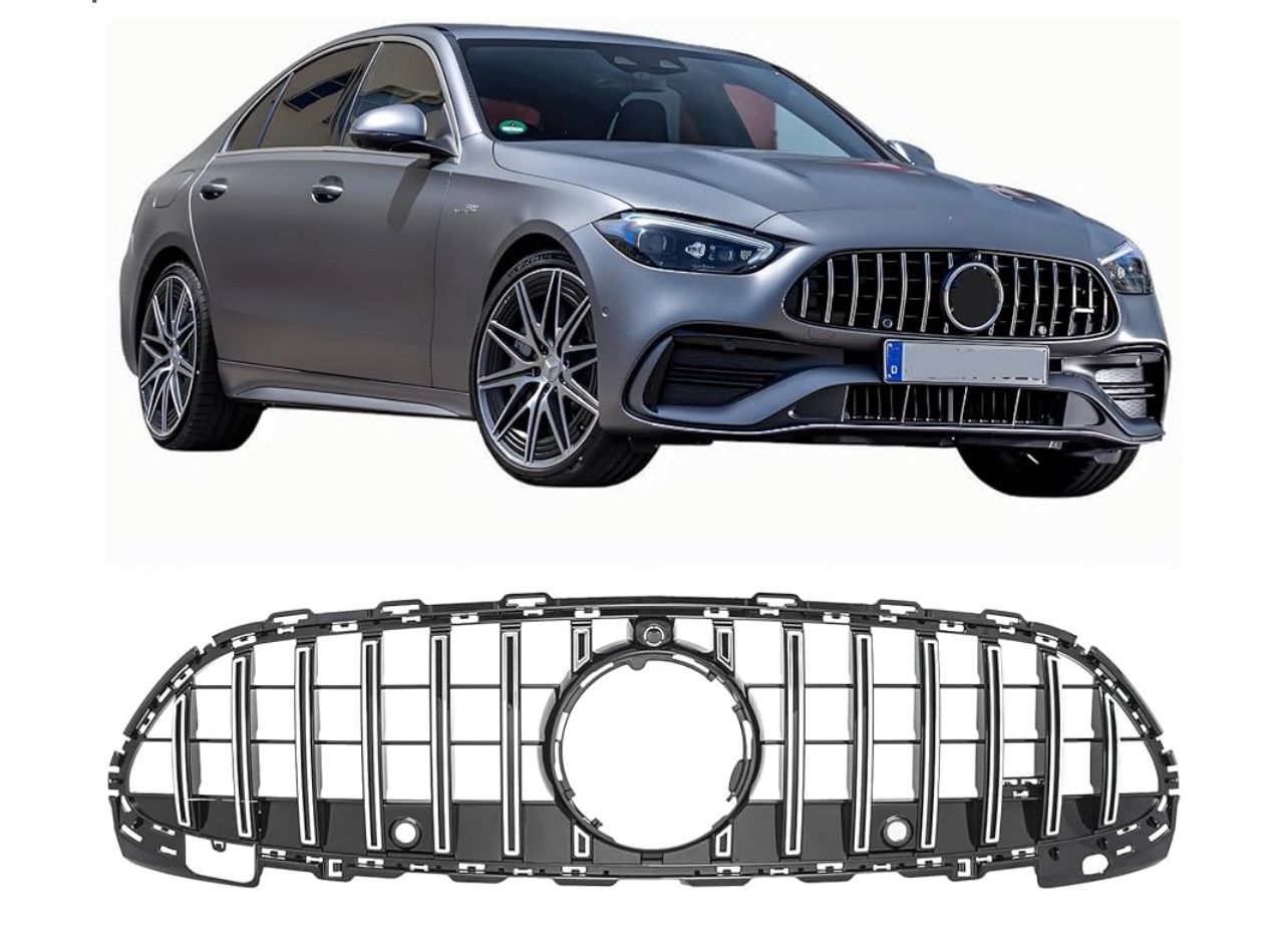 Front Bumper GT Grille For 2022 2023 2024 2025 Mercedes-Benz C-Class C180 C200 C300 C43 AMG Packgage Replacement Grill Black With Chrome