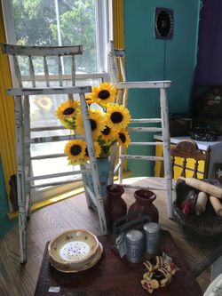 Rustic farmhouse bar height stools.