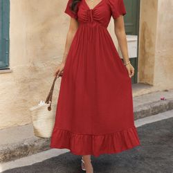NEW Womens Spring Dresses 2025 Casual Short Sleeve V Neck Drawstring Wedding Guest Maxi Dresses Boho Beach Long Dress