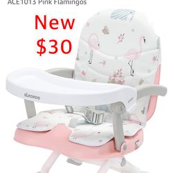 New 2in1 Portable Toddler Booster Seat, Grow with Baby Booster Seat for Dining Table with Removable Tray & Seat Pad, high Chair ,  Pink Flamingos $30