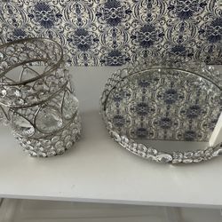 Mirrored And Crystals Tray And Candle Holder. 