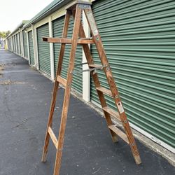 Antiquez(?) Michigan Wooden 5-Step 68” Ladder w/Paint Can Holder and Metal Step Reinforcements