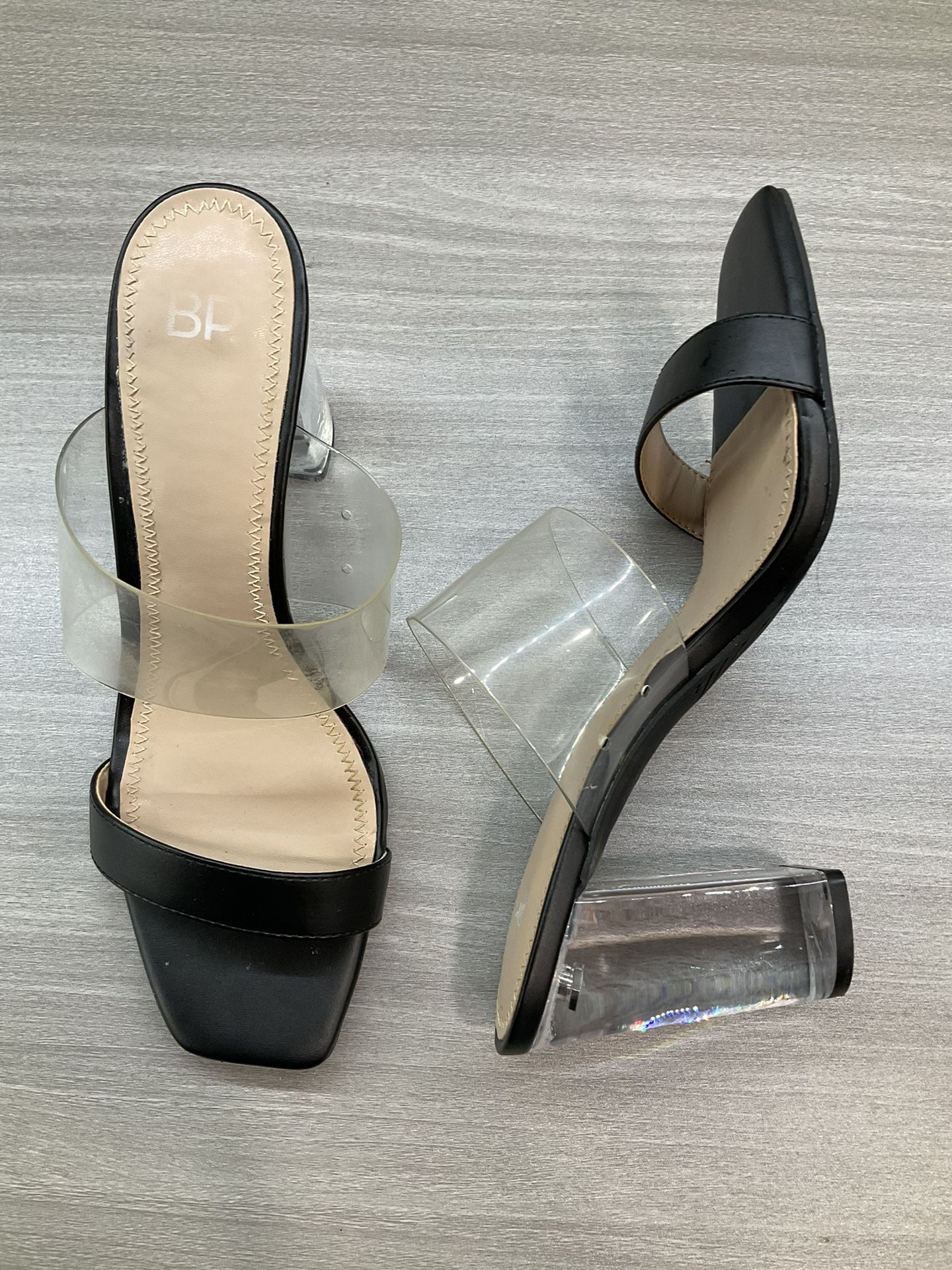 BP WOMENS NAOMI ACRYLIC CLEAR HEEL STRAP SANDAL BLACK HEEL SLIDE 