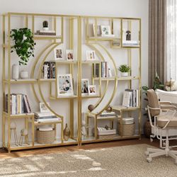 Modern Book Shelf, White and Gold Bookshelf, 70.8 Inch Tall Etagere Bookcase, Set of 2 Geometric Display Shelves for Living Room, Bookcases/Bookshelf 