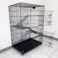 New $75 Folding 3-Tier Cat Cage 56” Tall Collapsible Metal Kennel 36x24x56” w/ Tray & Caster 