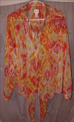 Chico's Orange Ikat Moria Sheer Button Down Chiffon Sequin Tie Front Blouse (XL 16-18)