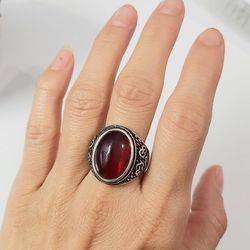 925 Sterling Silver Unisex Large Dark Red Stone Ring Chunky Gift