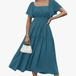 GRACE KARIN Women's Summer Short Sleeve Square Neck SmockedWaist Dress Size L