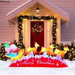 10FT Christmas Inflatable Decorations, Outdoor Blowups Decoration Santa Claus Reindeer on Rainbow Lighted LED Inflatable


