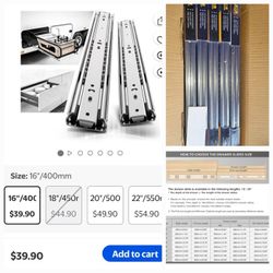 5038: NEW Heavy Duty Drawer Slides 16'' Full Extension Ball Bearing Telescoping Tool Box Runners 150 lb Load Capacity Side Mount 1 Pair
