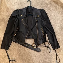 Retrofête Tai Puff Sleeve Moto Leather Jacket Black Size M Belted Edgy