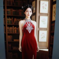Ruby Red Velvet Evening Gown: Hand - Beaded Silver Sequin