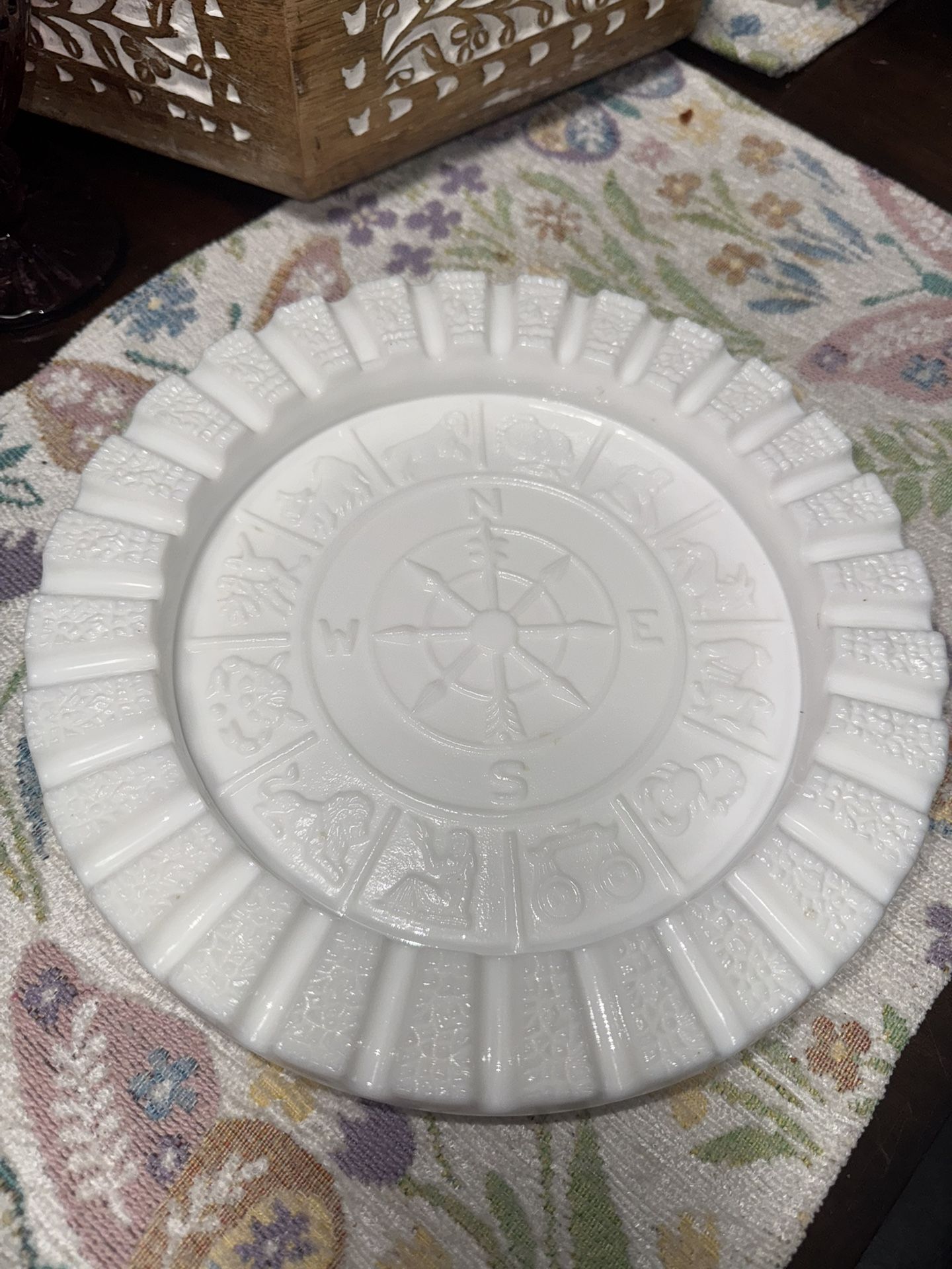 Vintage White Milk Glass Depression ZODIAC N S E W Round 9.5 " Ashtray