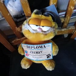 Vintage 9.5” Plush Graduation Garfield the Cat with Cap and Cardboard Diploma.