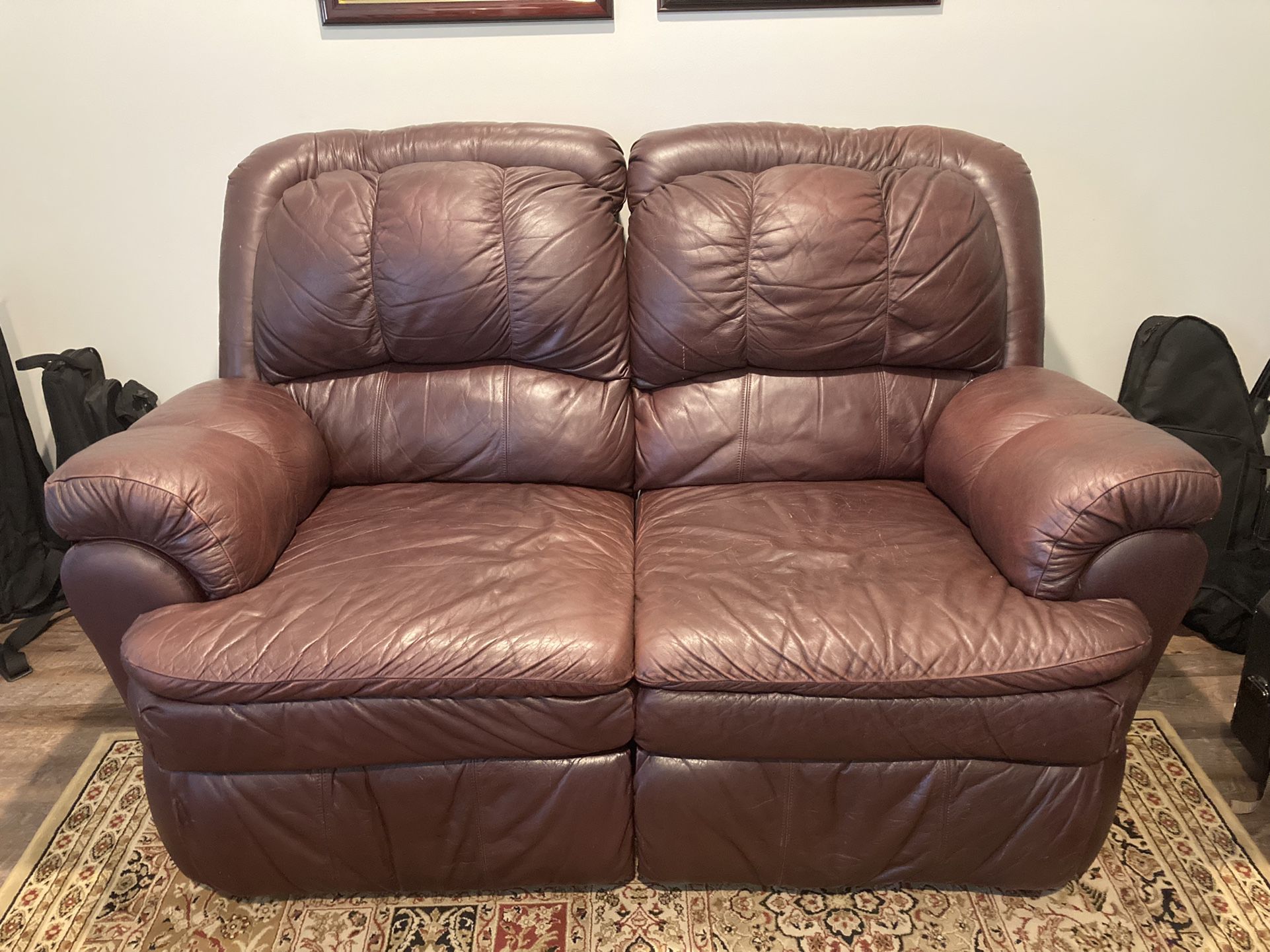 Reclining Leather Loveseat Dark Red/Brown Color