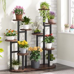Multi-Tiered Plant Stand, 11 Potted Plant Shelf Flower Stands Color, Rustic Brown