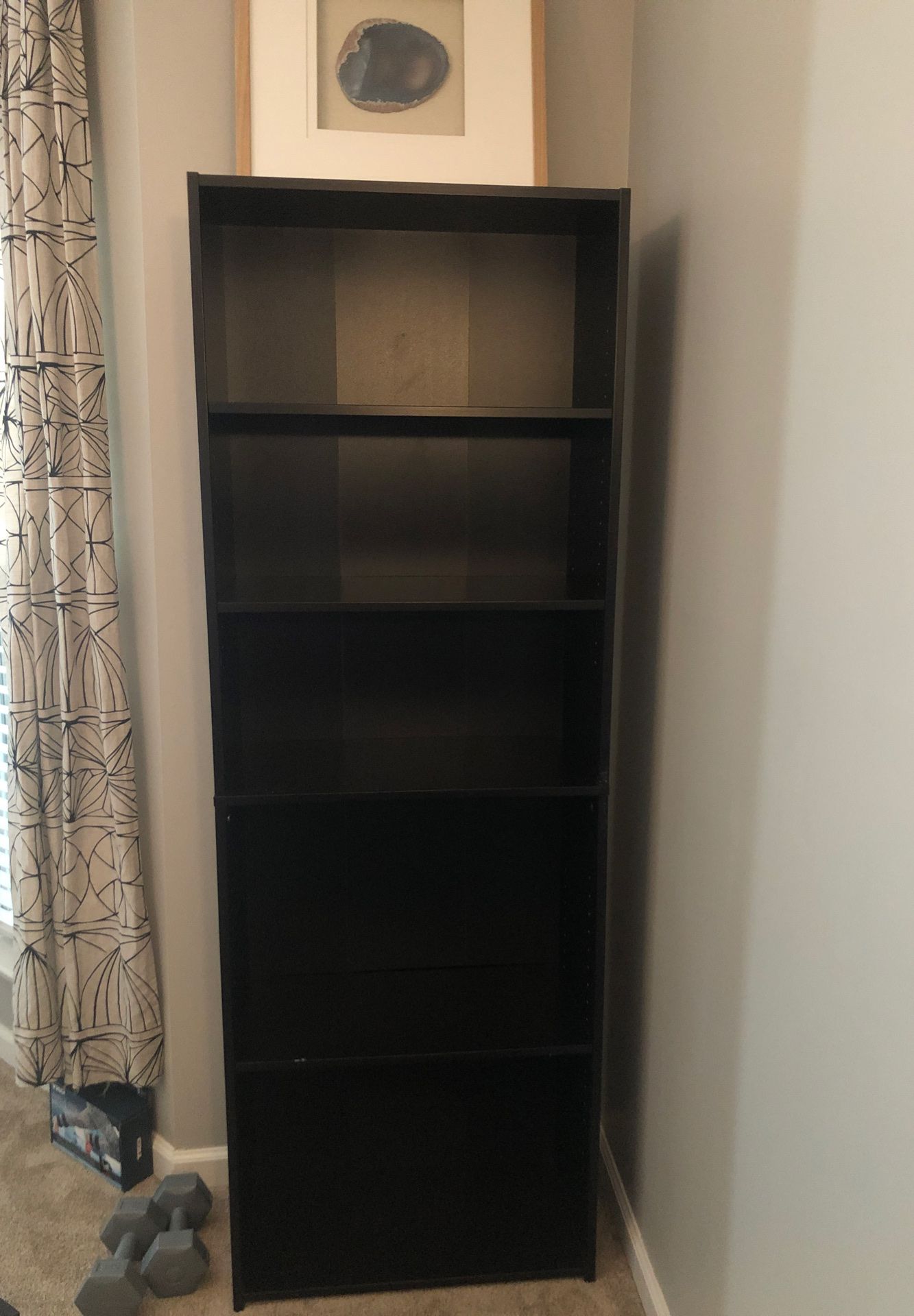 Two dark brown wooden bookshelves five adjustable shelves