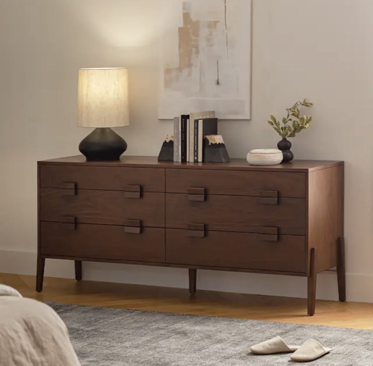 Article Walnut Double Dresser 6 Drawers solid wood, open box dresser