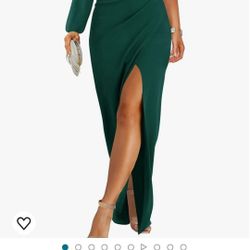 Dark Green Women's 2024 One Shoulder Long Sleeve Cocktail Dress Sexy High Slit Ruched Bodycon Wedding Guest Maxi Dresses