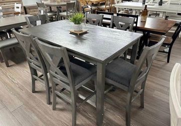 NEW IN BOX 7 Piece Grey Wood Dining Set with Chair FINANCE $54 down pmt