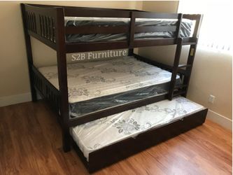 Full Full Twin Size Expresso Triple Bunkbed With Orthopedic Mattress 