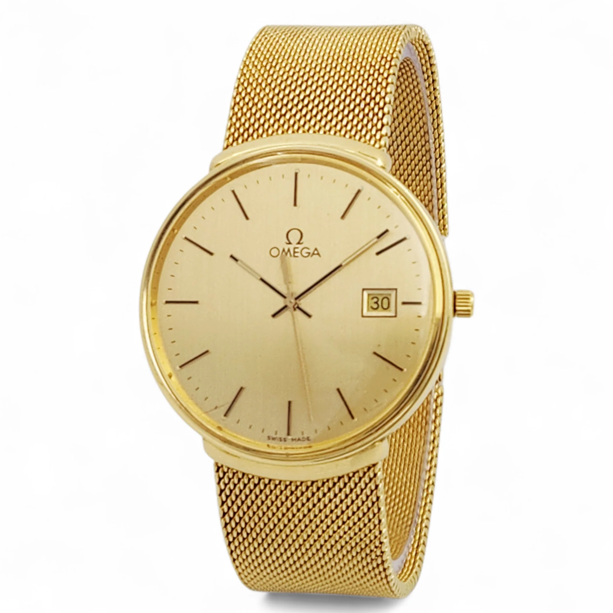 Men's Omega Vintage 34mm 18K Yellow Gold Watch with Mesh Band and Gold Dial. (Pre Owned)