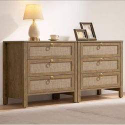 SICOTAS Nightstand Set of 2 with Drawers, Rattan Nightstands, Large Modern Boho Night Stand Wide Bedside Tables for Bedroom