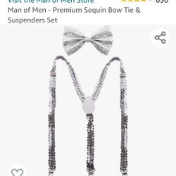 Silver Sequin Bowtie & Suspender Set - New