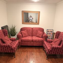 Elegant Red Loveseat & Matching Armchairs Set – Great Condition (Set or Separate)