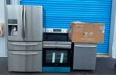 Complete kitchen set Samsung stainless steel refrigerator, stove, microwave, and dishwashe