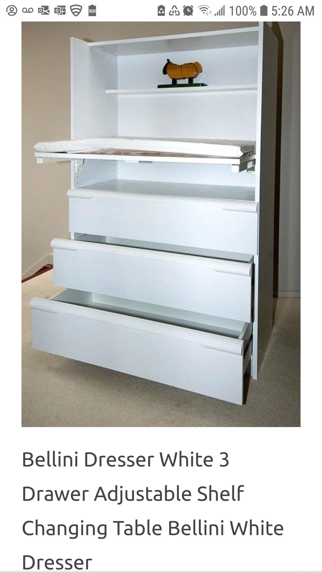 Bellini 3 pc Kids Room White Dresser (3 drawers and adjustable changing table) and 2 Side End Bookshelves