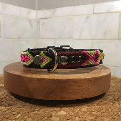 Handmade Dog Collar – 10” XS – Black, Pink & Lime Woven Design
