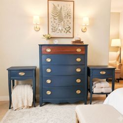 Navy Blue 3-Piece Bedroom Set - Tall Dresser and Two Nightstands