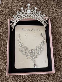 Wedding Prom Necklace And Crown Bling Silver Heavy Duty