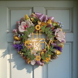 Handmade floral wreath with He Is Risen Sign