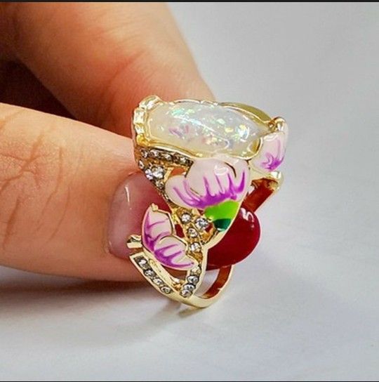 Fashion Flower Sparkling Ring 18K Yellow Gold Filled Opal Over Diamond Floral For Women Size 8.5