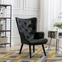 Accent Chair, PU Leather Leisure Armchair with Tufted Tall Backrest, Tufted Button Wingback Chair with Solid Wood Legs, Modern Upholstered Single Sofa