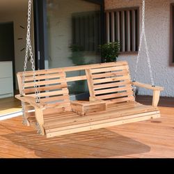 New in box Outsunny 3-Seater Wooden Porch Swing, Patio Swing Bench with Folding Coffee Table, Cup Holders and Chains Included, 440lbs Weight Capacity,