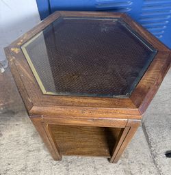 🪵 Vintage Wooden Hexagon Side Table with Glass Top