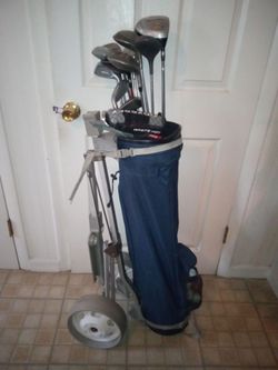 Golf Club Set with Mixed Clubs, Balls, Bag and Push Cart Caddy.