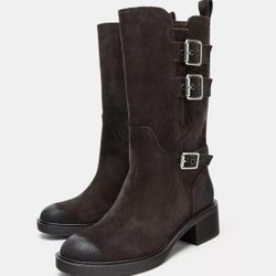 Zara  Brown Split leather ankle boots. Biker style