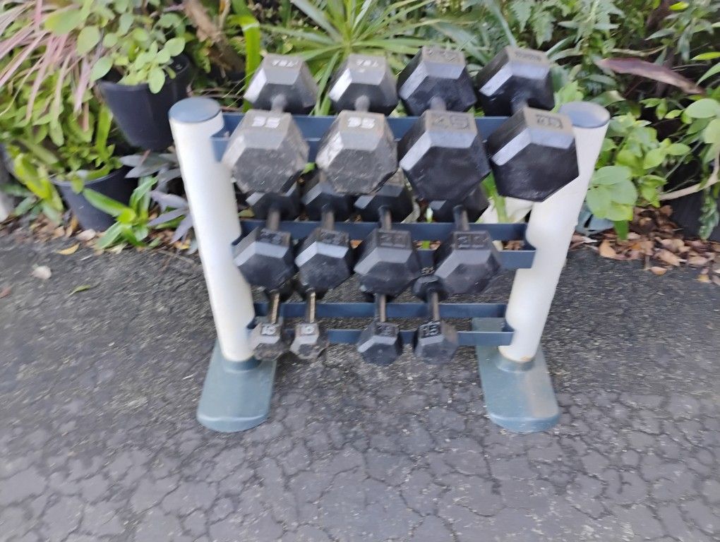 SET OF STEEL HEX DUMBBELLS & 3 TIER. WEIDER DUMBBELL RACK (PAIRS OF) : 10s 15s 25s 30s 35s 45s