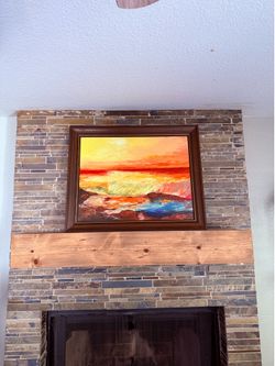 1970’s Oil canvas painting: Coastal seascape at sunset - vintage