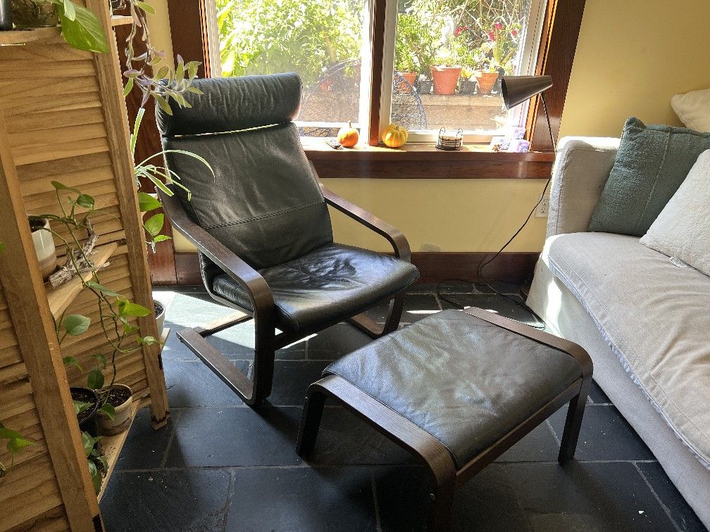 IKEA Poang Black Leather Chair And Ottoman