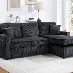Black Sofa Sectional w/ Pull- Out Sleeper & Storage In Chaise 
