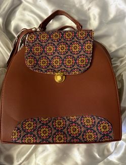 Brown Leather Backpack Floral Tapestry Detail
