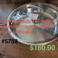 Sartén Hondo De 14” Acero Inoxidable 👉 princess house todo nuevo y con caja 📦