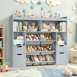 Kids Toy Storage Organizer with Removable Bin, Kids Bookshelf and Bookcase Toy Box with Drawers for Playroom, Classroom, Gray